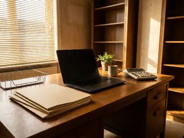 Opgeruimd bureau van een boekhouder met mappen, laptop en rekenmachine