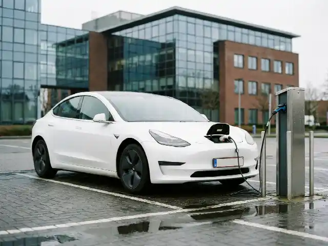 Elektrische bedrijfswagen aan een laadpunt op de parking van een bedrijf