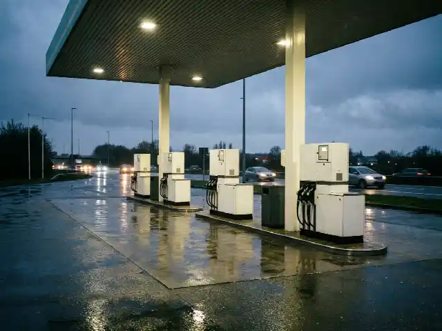Rij brandstofpompen aan een tankstation langs de snelweg bij valavond